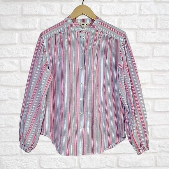 Boden Top 4 Gray Neon Stripe Cotton Button Front Band Collar‎ Oversized Shirt - Picture 1 of 10